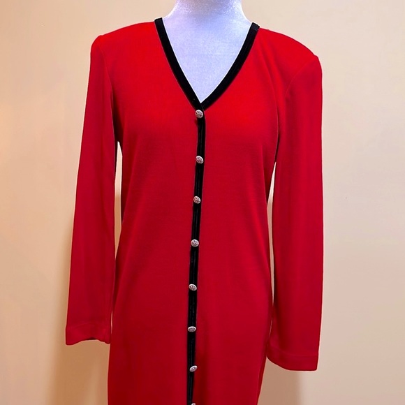 Vintage SUNSHINE STARSHINE Red Ribbed Knit Black Velvet Trim Maxi Dress NWOT - Picture 3 of 9